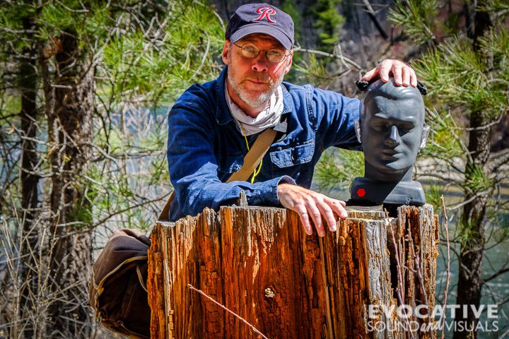 Sound recordist Richard Alan Hannon with his DIY binaural microphone head, along the Payette River in central Idaho on Friday, April 16, 2021. Photo by Richard Alan Hannon