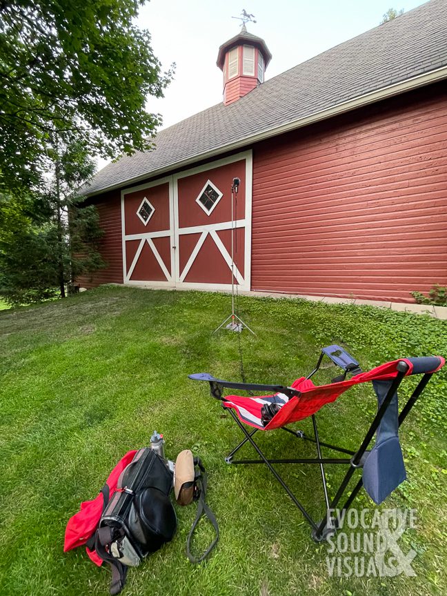 My set up to record bats on a warm July evening in 2021. I used a long headphone extension cable and a sandbag filled with rocks to keep the stand from hitting me in the head. Photo by Richard Alan Hannon