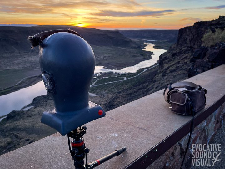 Recording the sound of the Snake River with a binaural microphone from Dedication Point in southwestern Idaho on April 28, 2021. Photo by Richard Alan hannon