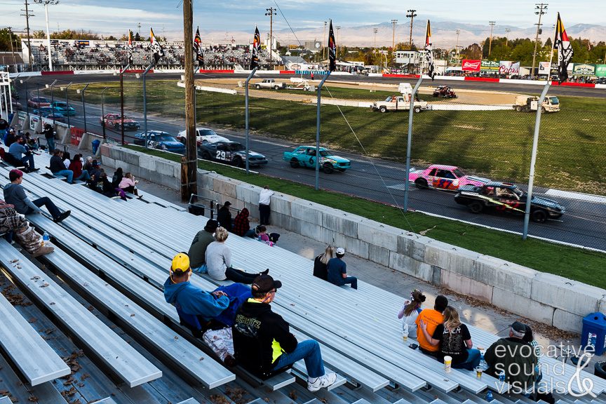 Cars race around the quarter-mile oval track during the Trunk or Treat Championship at Meridian Speedway in Meridian, Idaho on Saturday, October 27, 2018. Photo by Richard Alan Hannon