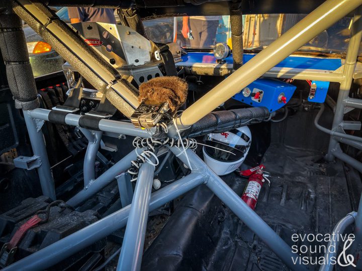 A Sony PCM D100 recorder is zip tied to the roll cage of a circa 1975 Chevrolet Nova streeet stock car at Meridian Speedway in Meridian, Idaho on Thursday, February 1, 2021. Photo by Richard Alan Hannon