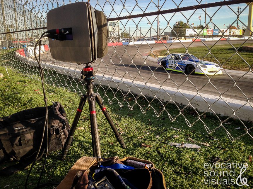 Recording the sound of street stock race cars practicing on the 1/4-mile oval track at Meridian Speedway with a DIY SASS microphone rig on October 23, 2020. Photo by Richard Alan Hannon