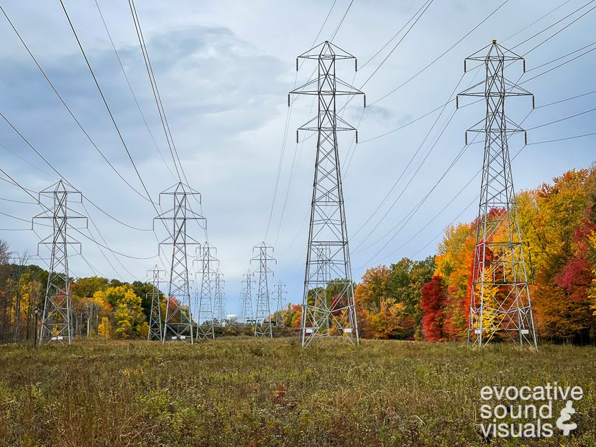 Capturing the sound of an electromagnetic field eminating beneath the high tension power lines that run above Big Creek Reservation near Berea, Ohio on October 21, 2023. Each line has 138 KV coursing through it. Photo by Richard Alan Hannon