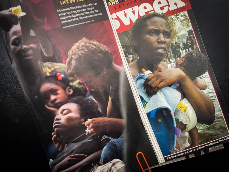 The Newsweek Magazine issue from September 12, 2005, featuring Hurricane Katrina victims. Cover and inside image, left, both shot on September 1, 2005, by Richard Alan Hannon, for The Advocate.