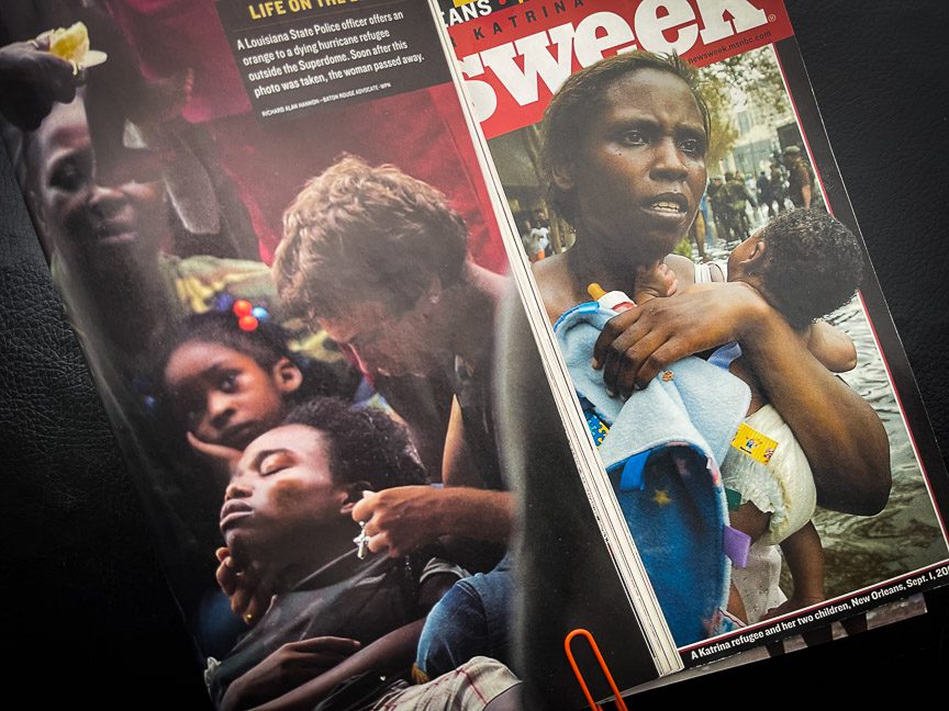 The Newsweek Magazine issue from September 12, 2005, featuring Hurricane Katrina victims. Cover and inside image, left, both shot on September 1, 2005, by Richard Alan Hannon for The Advocate.