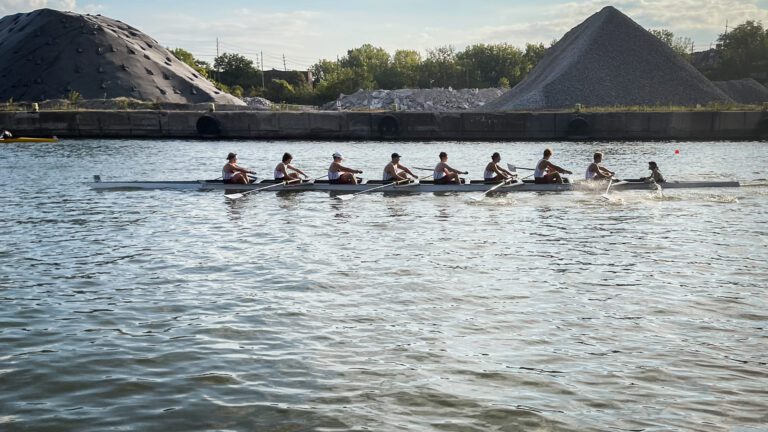 Rowers paddle their 8+ racing shell up the Cuyahoga River during the 28th Annual Head of the Cuyahoga Regatta in Cleveland, Ohio on Saturday, September 21, 2024. Photo by Richard Alan Hannon