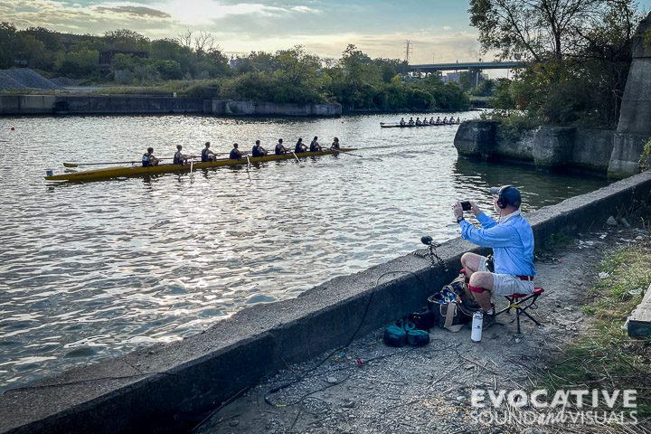 Field recordist Richard Alan Hannon captures the sound of sweep rowers paddling their 8+ racing shells up and down the Cuyahoga River in Cleveland, Ohio on Saturday, September 21, 2024. Photo by Denise Porter