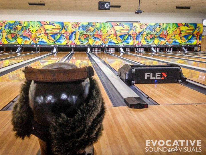 Binaural recording head capturing sounds of a bowling alley, specifically the Kegel Flex lane machine oiling a lane, in Garden City, Idaho on Tuesday, February 11, 2020. Photo by Richard Alan Hannon