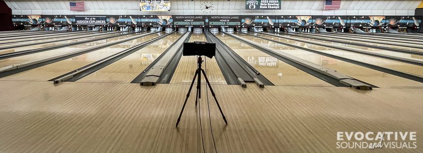 Capturing the sound of a 24-lane bowling ally on Wednesday, September 25, 2024. The pinsetters, made by Brunswick, were installed in 1957. Photo by Richard Alan Hannon