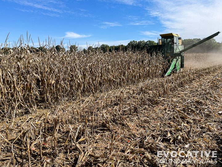 Capturing the sound of a John Deere 4400 combine with a four-row corn head harvesting corn in a farmer's field outside Lodi, Ohio on Tuesday, October 8, 2024. A pair of Line Audio CM3 microphones in ORTF, paired with a Sound Devices 702 recorder were used. Photo by Richard Alan Hannon