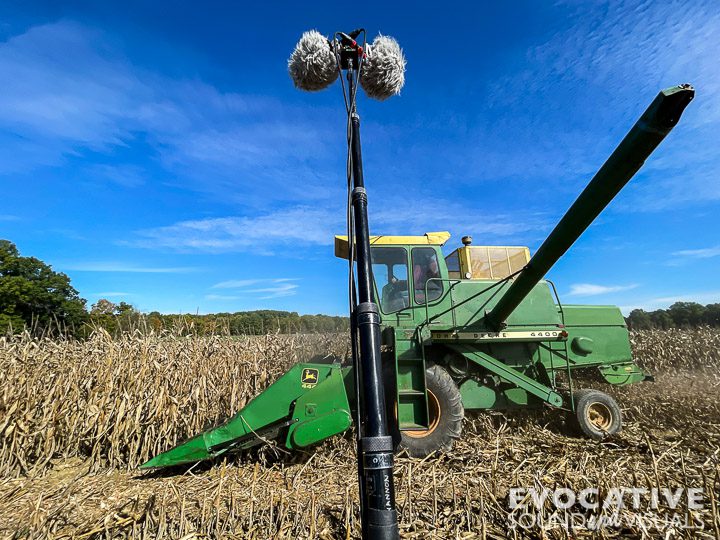 Capturing the sound of a John Deere 4400 combine with a four-row corn head harvesting corn in a farmer's field outside Lodi, Ohio on Tuesday, October 8, 2024. A pair of Line Audio CM3 microphones in ORTF, paired with a Sound Devices 702 recorder were used for this pass by. Photo by Richard Alan Hannon