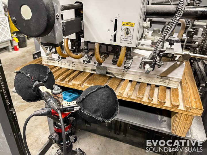 Recording the sound of a Ryobi 750G 4-color sheet fed offset printing press at a printing facility in Cleveland, Ohio on Monday, November 18, 2024. A pair of Line Audio CM3 microphones in ORTF with a Sound Devices 702 were used. Photo by Richard Alan Hannon